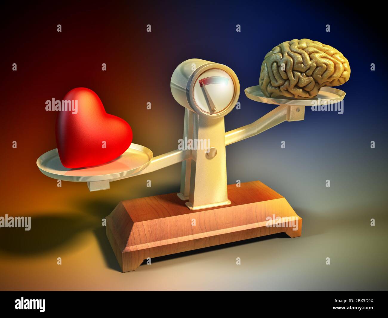 Heart and brain on a balance scale. Digital illustration. Stock Photo