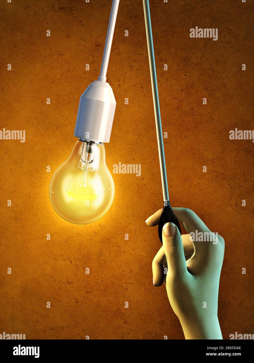 Hand pulls a cord to turn on a lightbulb. Digital illustration Stock