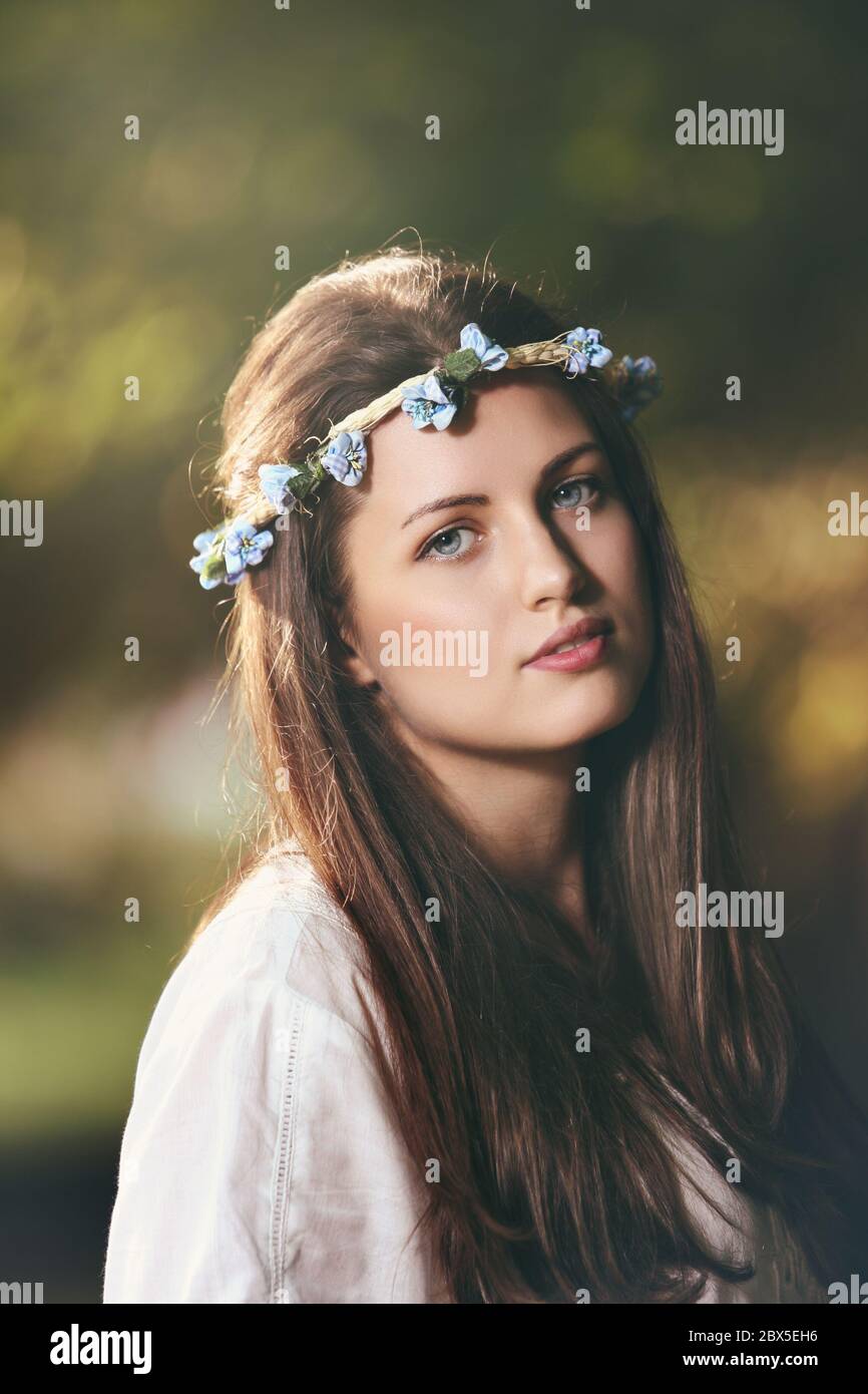 Beautiful woman portrait in dark tones . Nymph and fantasy Stock Photo