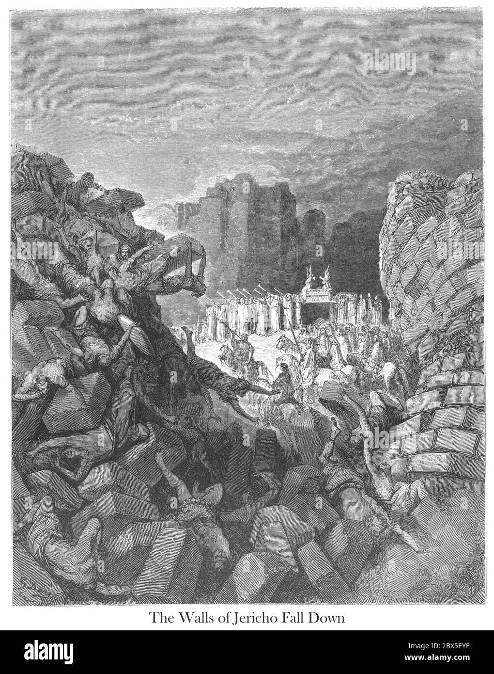 The Walls of Jericho Fall Down Joshua 6:20 From the book 'Bible Gallery' Illustrated by Gustave Dore with Memoir of Dore and Descriptive Letter-press by Talbot W. Chambers D.D. Published by Cassell & Company Limited in London and simultaneously by Mame in Tours, France in 1866 Stock Photo