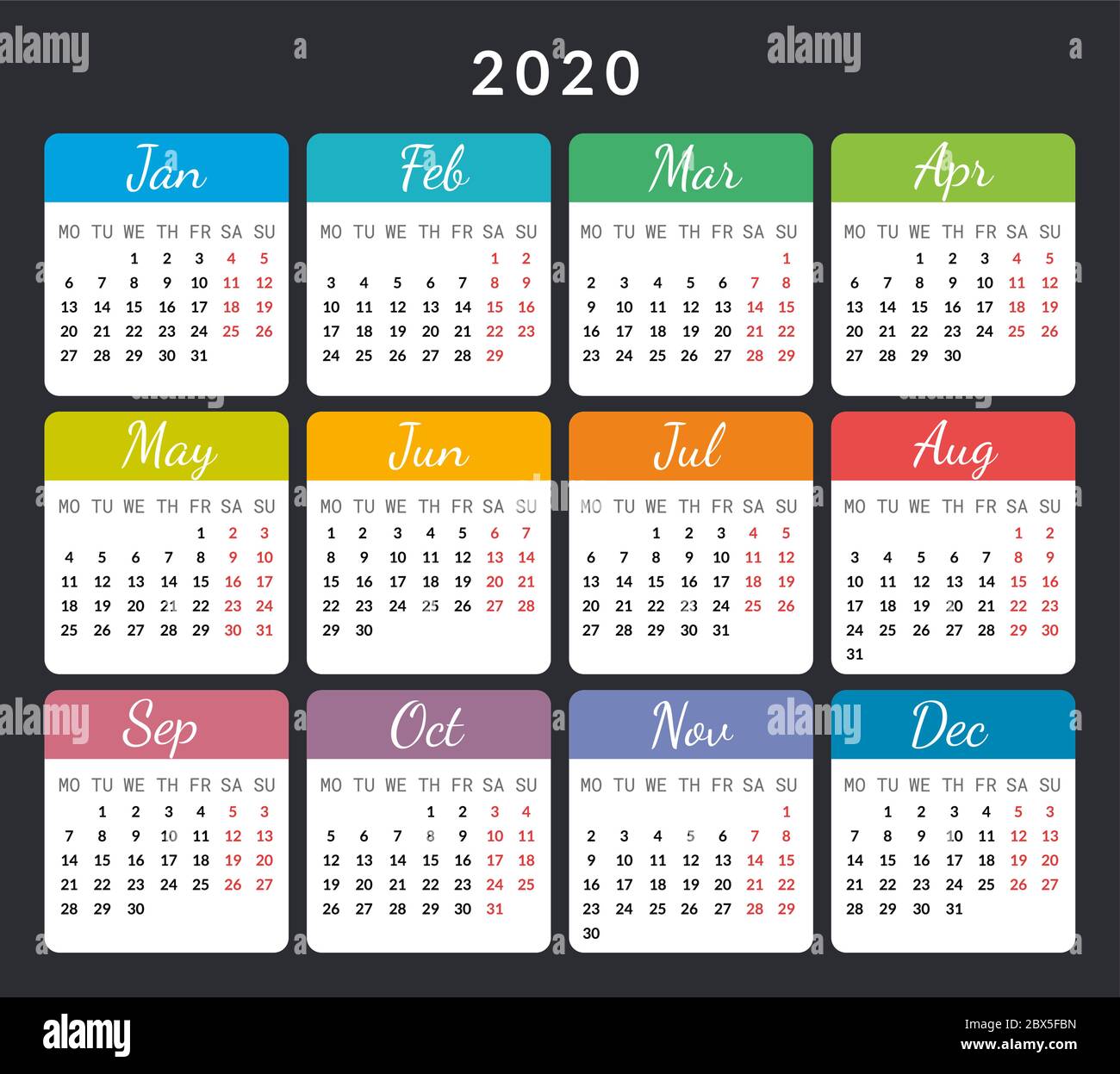 2020 year cards isolated on dark background illustration with colored months and days. Vector design planner for 12 months. Print use Stock Vector & Art - Alamy