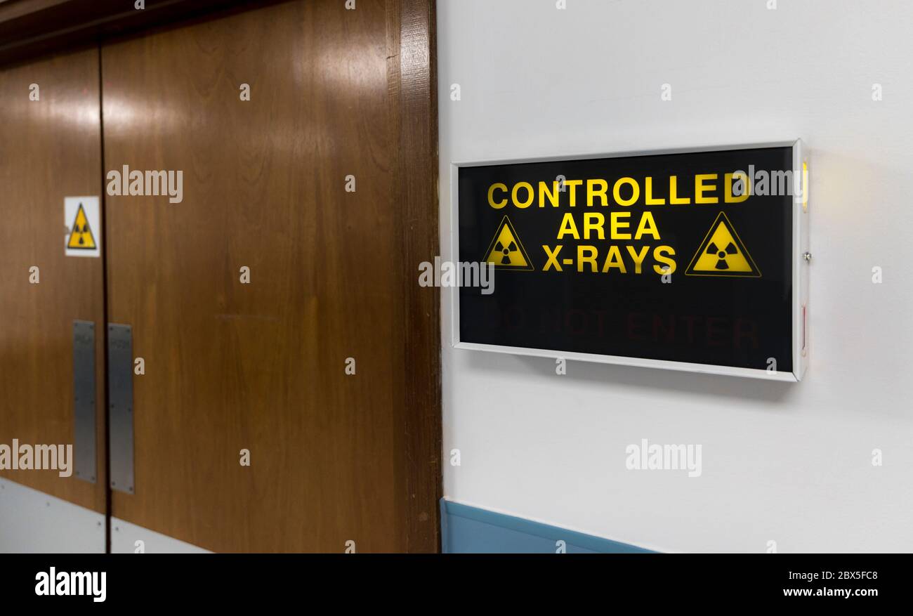 Sign outside an X-Ray room in a UK hospital. Stock Photo
