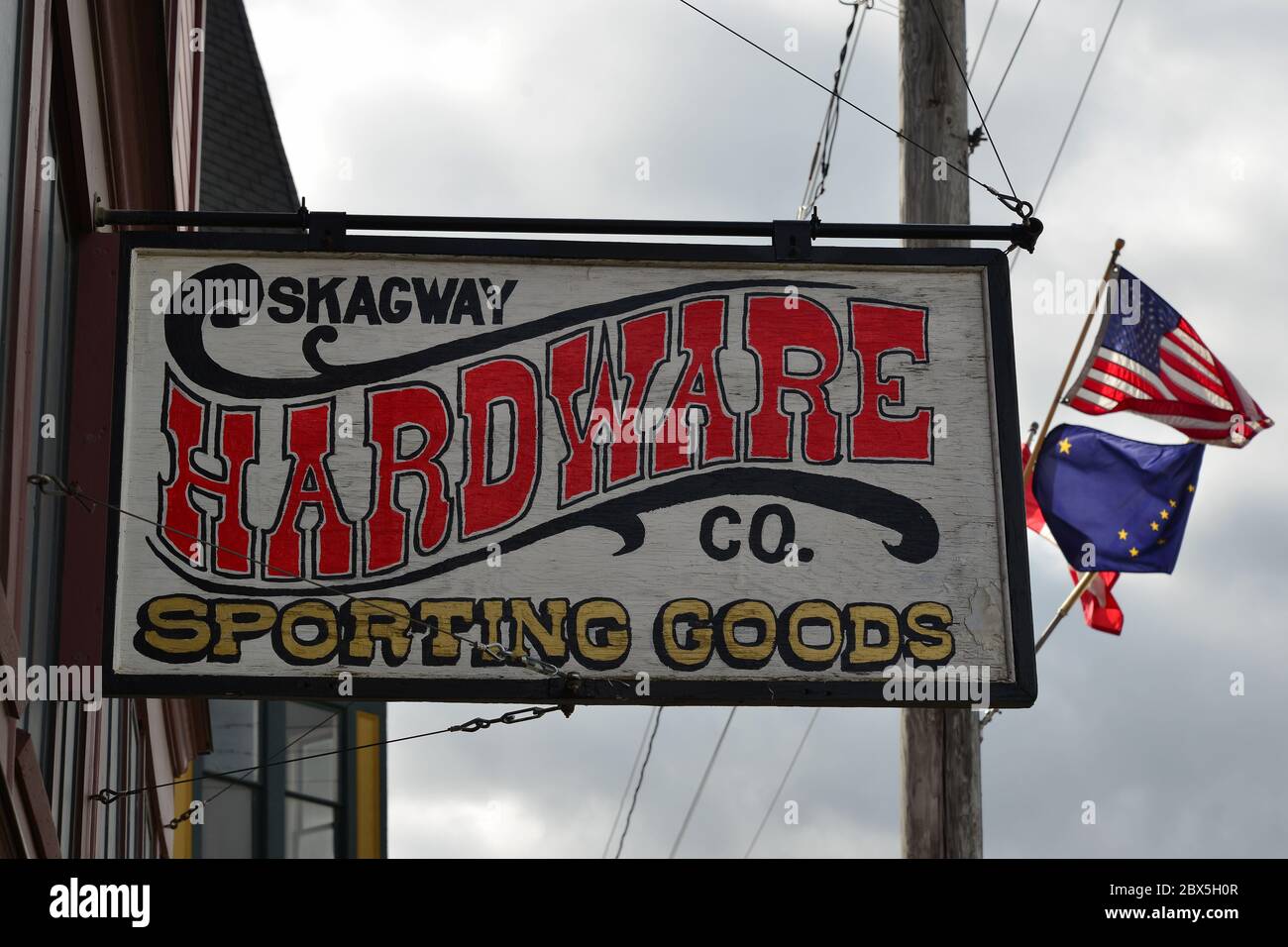 This traditional old style wooden sign, for the Skagway Hardware store