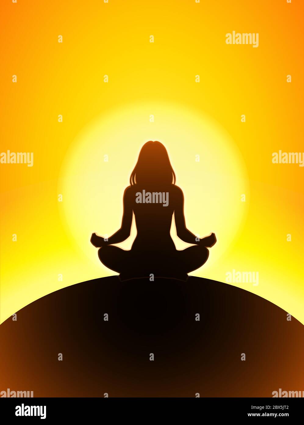 Silhouette of a women meditating in the lotus position with glowing sun ...