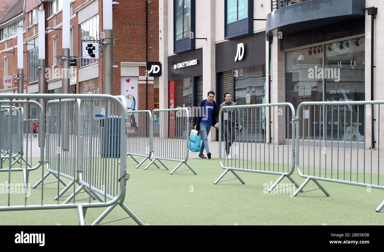 A view of social distancing measures put in place in the Whitefriars shopping centre in Canterbury, Kent, as shops prepare to reopen soon following the introduction of measures to bring England out of lockdown. Stock Photo