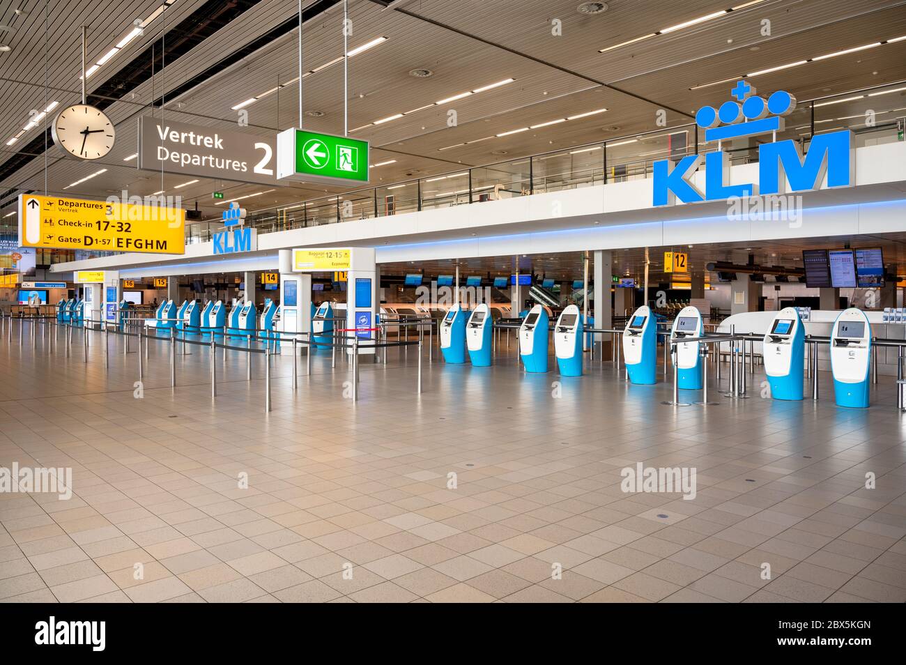 Amsterdam, Netherlands. 03 June 2020. Empty KLM check-in area Schiphol Amsterdam International Airport during Covid-19 travel restrictions Stock Photo