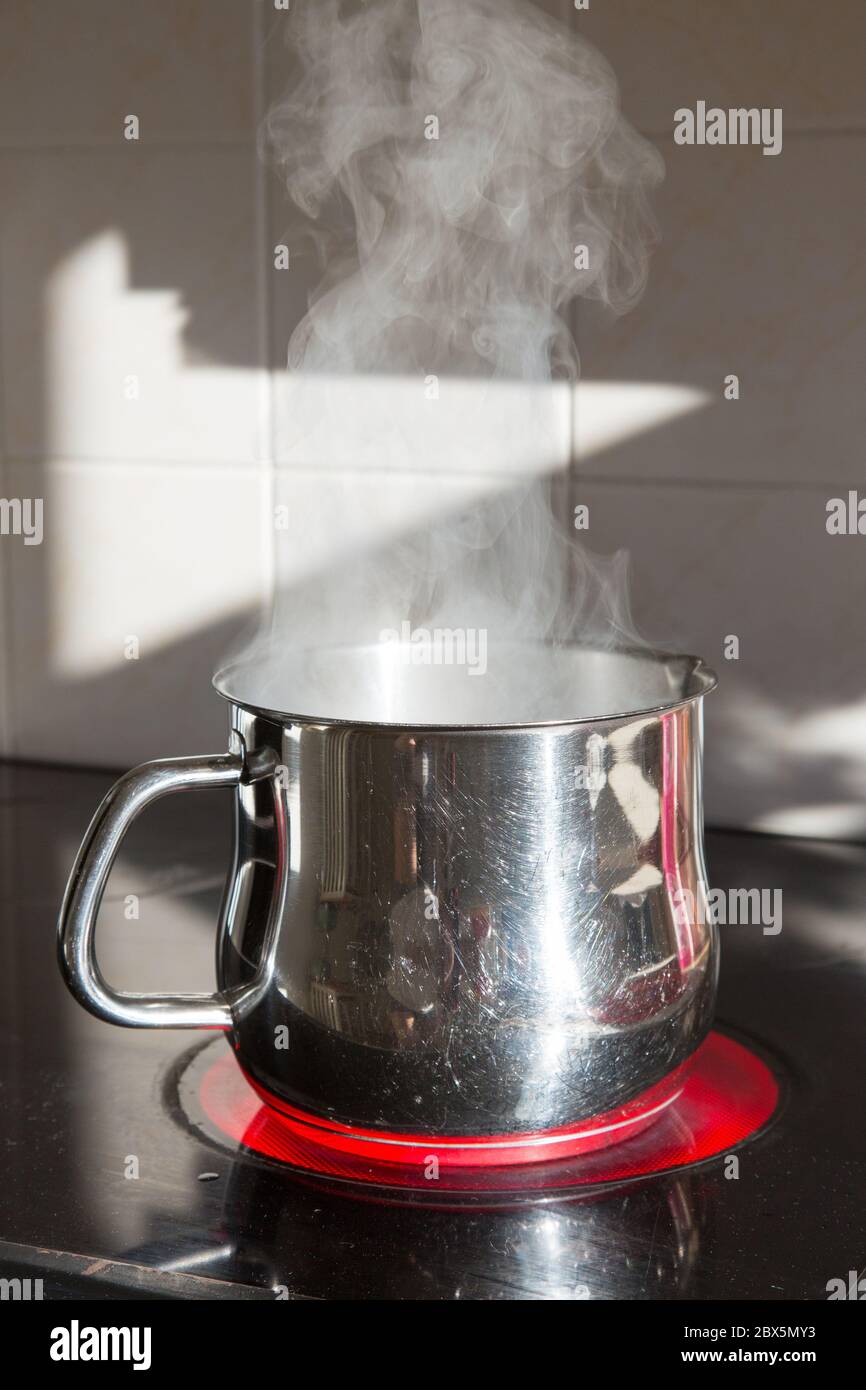 Pan of water boiling on an electric stove Stock Photo Alamy