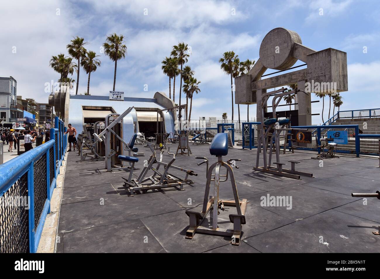 Muscle Beach is a landmark, outdoor gym dating back to the 1930's where celebrities and famous bodybuilders trained. Stock Photo