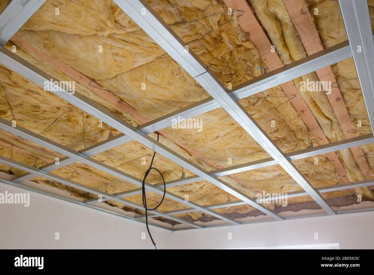 Wool insulation for plasterboard, building a new house Stock Photo