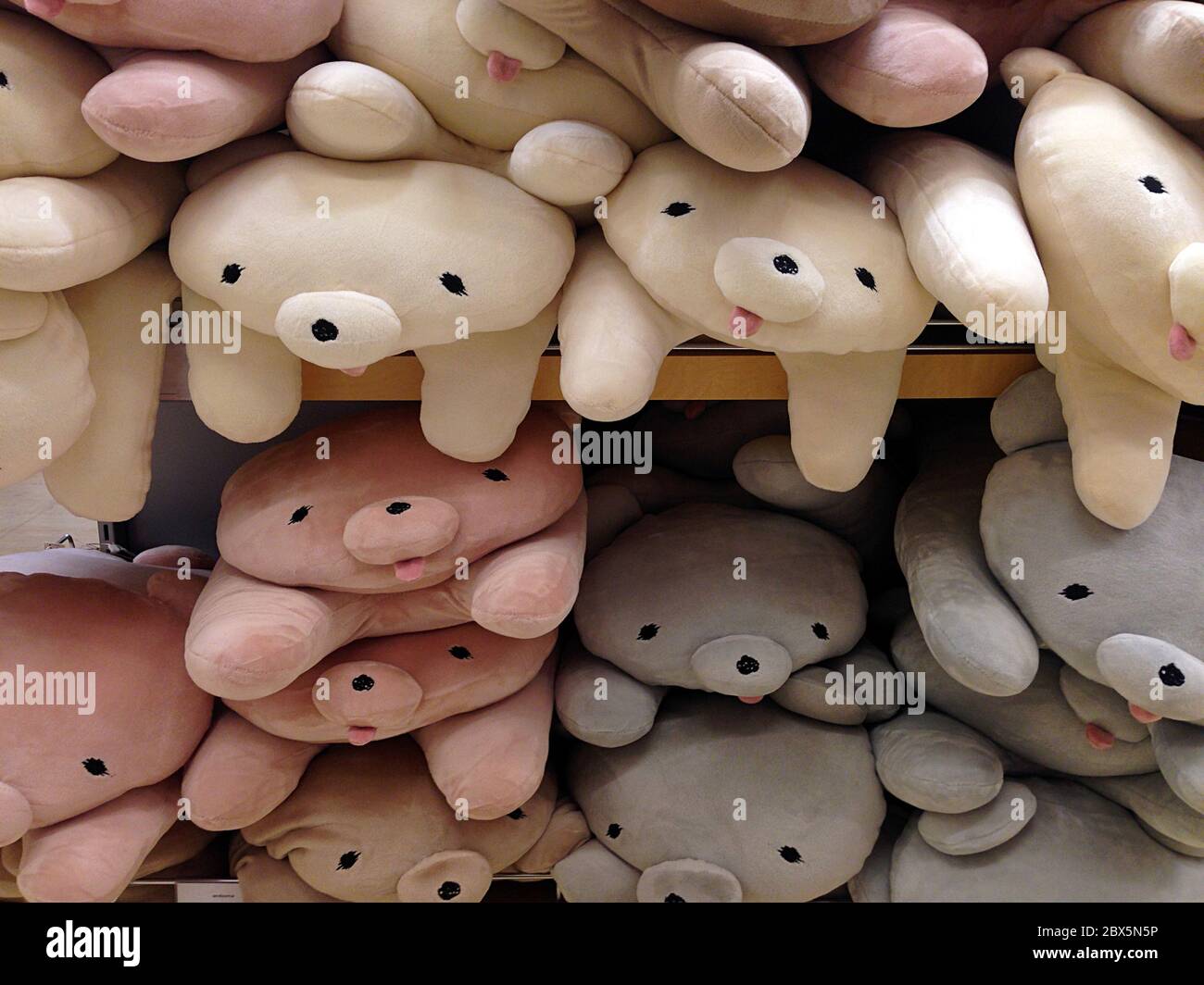 Many cute bear/dog stuffed animals with funny facial expressions in pastel colors in Japanese store. Stock Photo