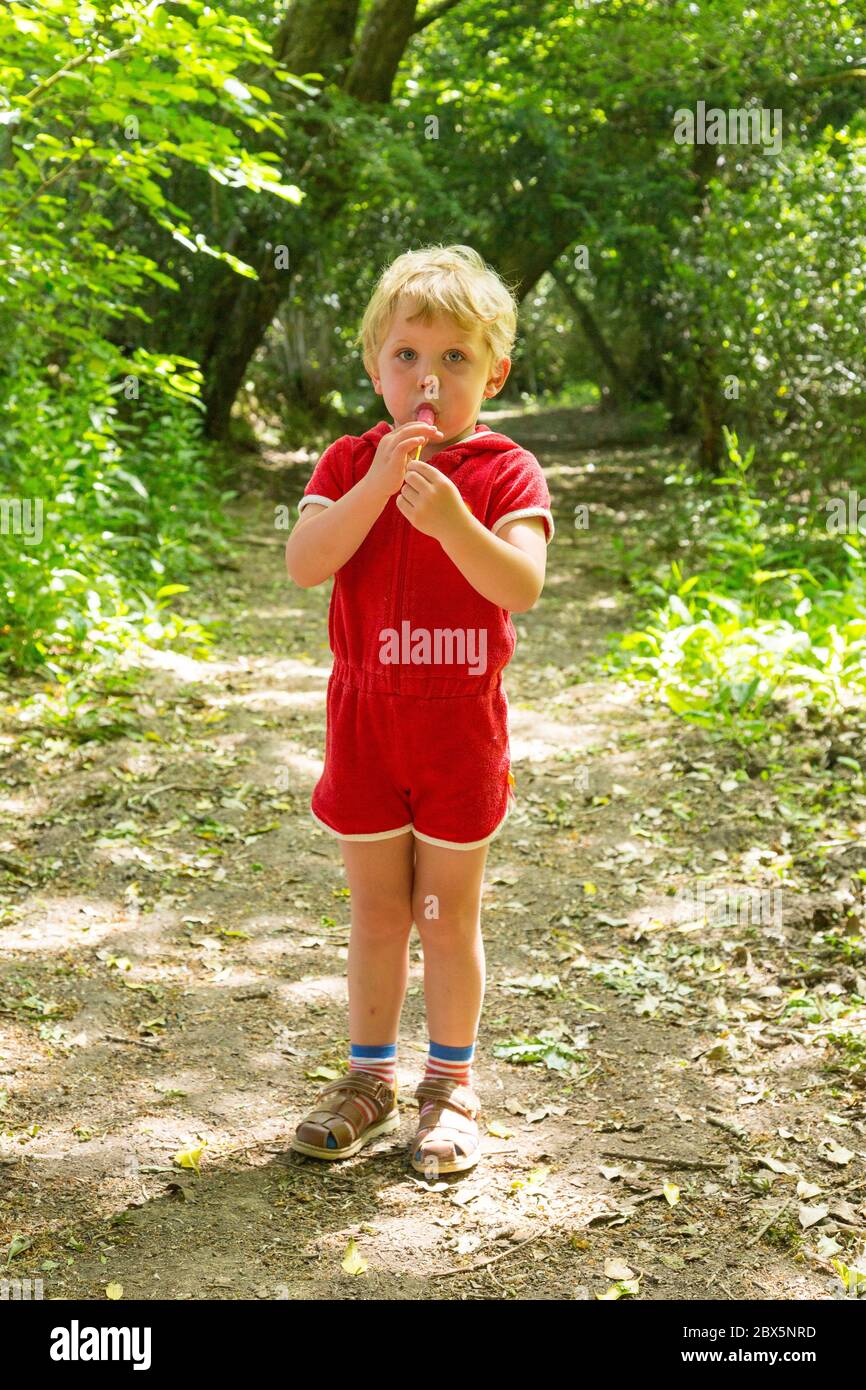 Three year old boy in a red play suit eating a lollypop, Hampshire, England, United Kingdom. Stock Photo