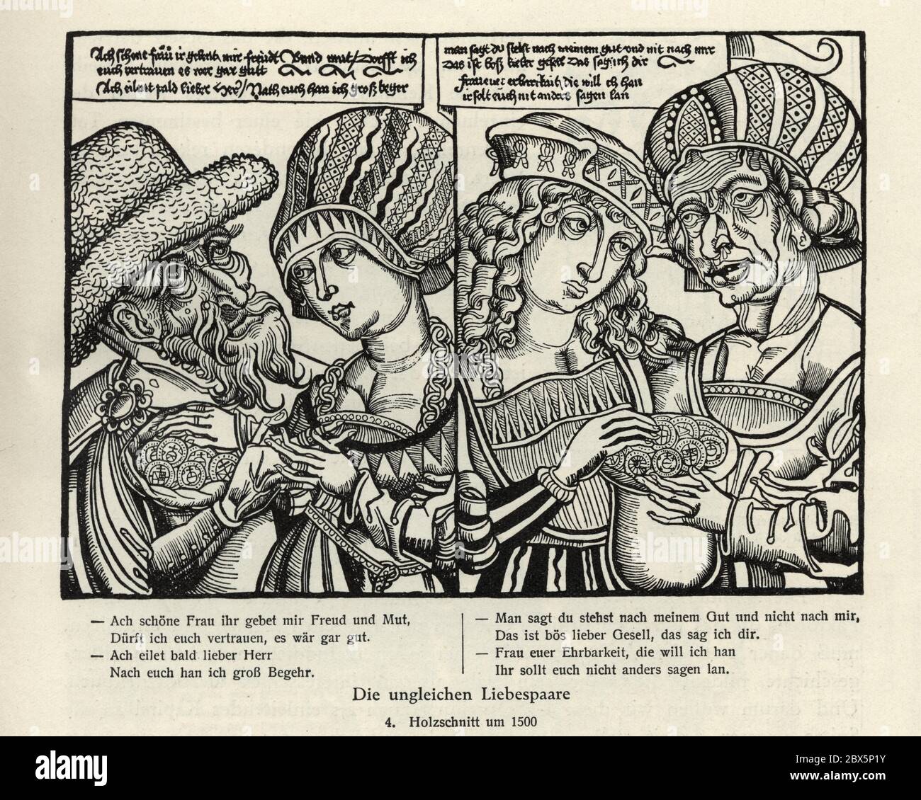 The unequal couples, money wealth and love. Woodcut engraving of 1500, Love Stock Photo