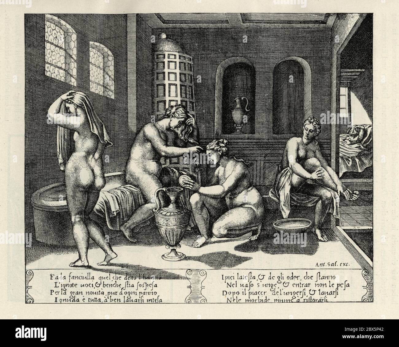 Women washing and cleaning themselves in the bath. The women's pool. Italian copper engraving 16th Century, early Renaissance period Stock Photo