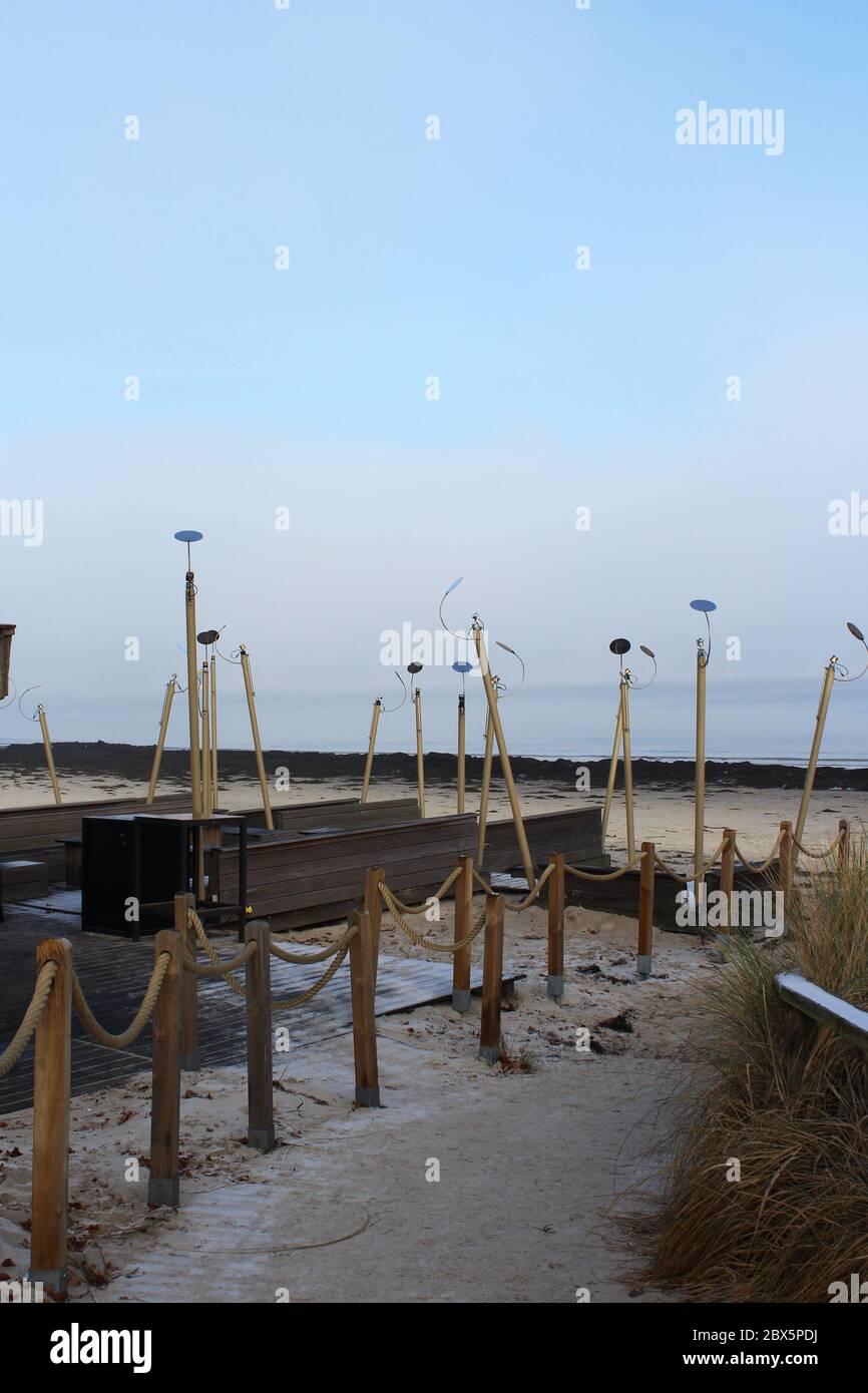 Empty outdoor bar at Scharbeutz beach on a winter's morning. Stock Photo