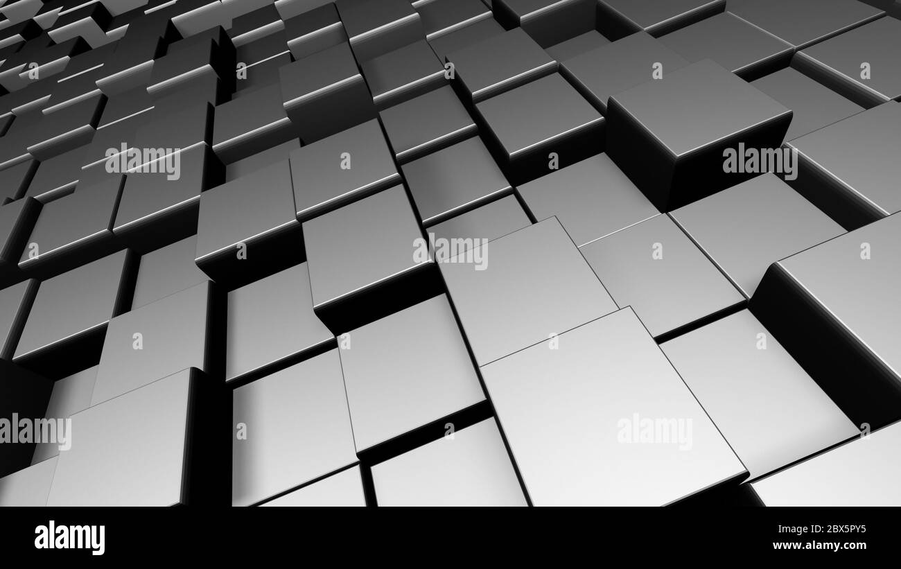 3D rendering of elevated shiny metallic square tiles, flat lay illustration Stock Photo