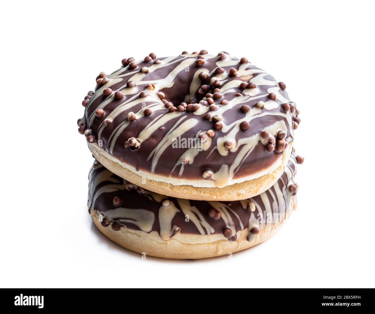 Doughnuts covered with chocolate and caramel icing isolated on white