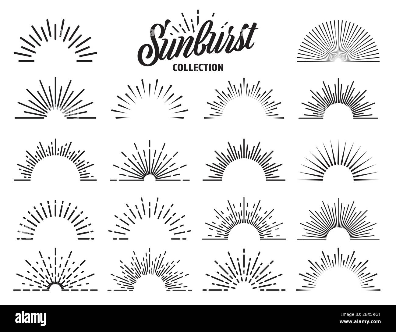 Vintage sunburst collection. Bursting sun rays. Fireworks. Logotype or lettering design element. Radial sunset beams. Vector illustration. Stock Vector