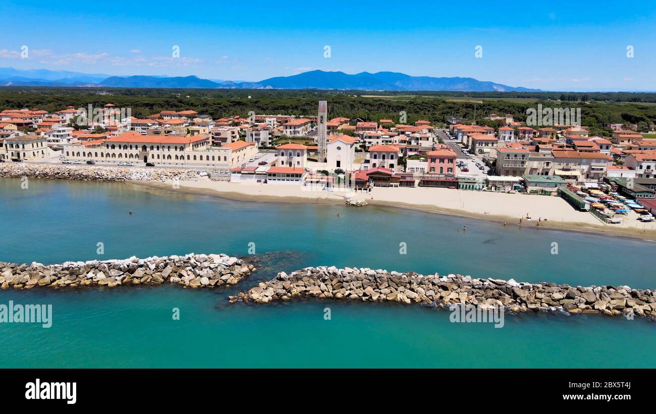 Amazing aerial view of Marina di Pisa coastline, Tuscany. Italian coast from the drone Stock Photo