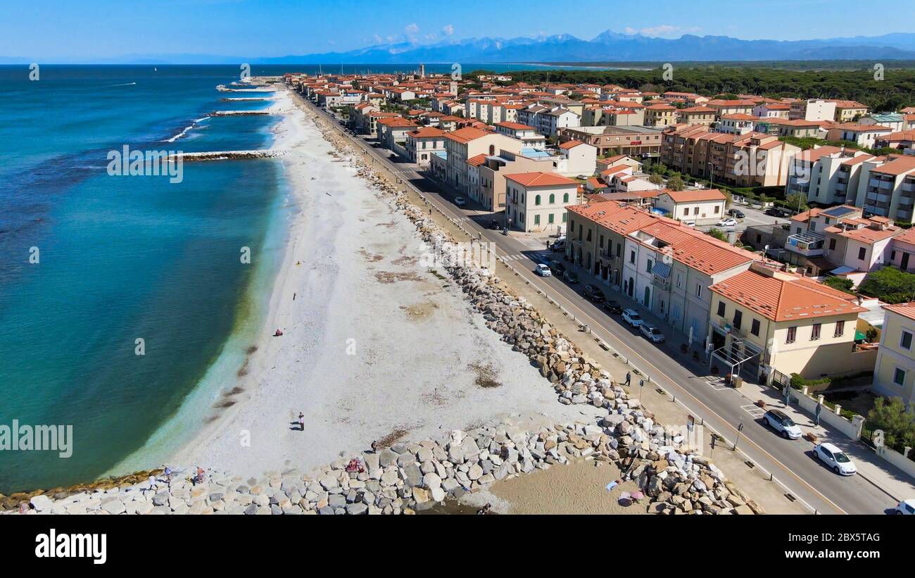 Amazing aerial view of Marina di Pisa coastline, Tuscany. Italian coast from the drone Stock Photo