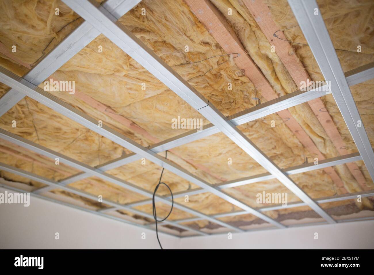 Wool insulation for plasterboard, building a new house Stock Photo