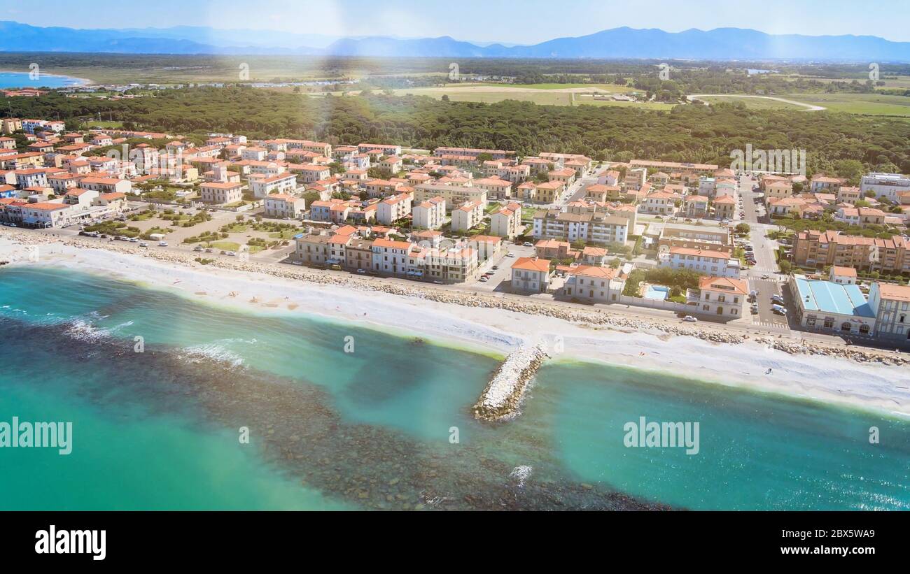 Amazing aerial view of Marina di Pisa coastline, Tuscany. Italian shoreline from the air Stock Photo