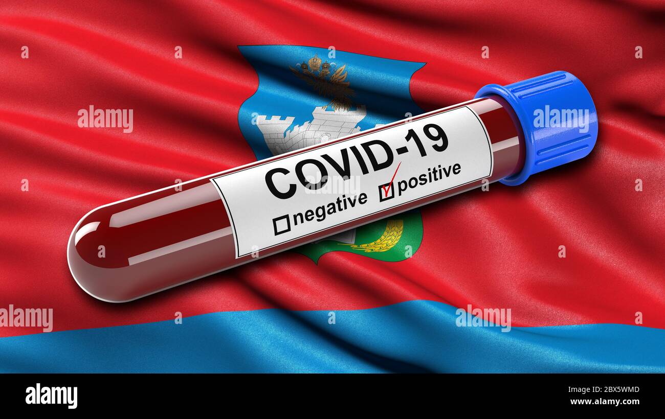 Flag of Oryol Oblast waving in the wind with a positive Covid-19 blood test tube. Stock Photo