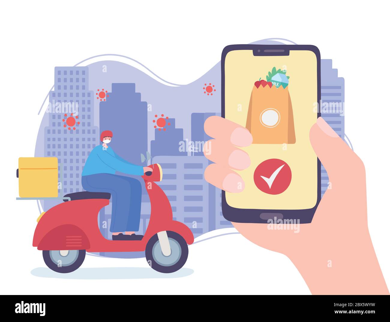 online delivery service, man with mask, smartphone market app, fast and