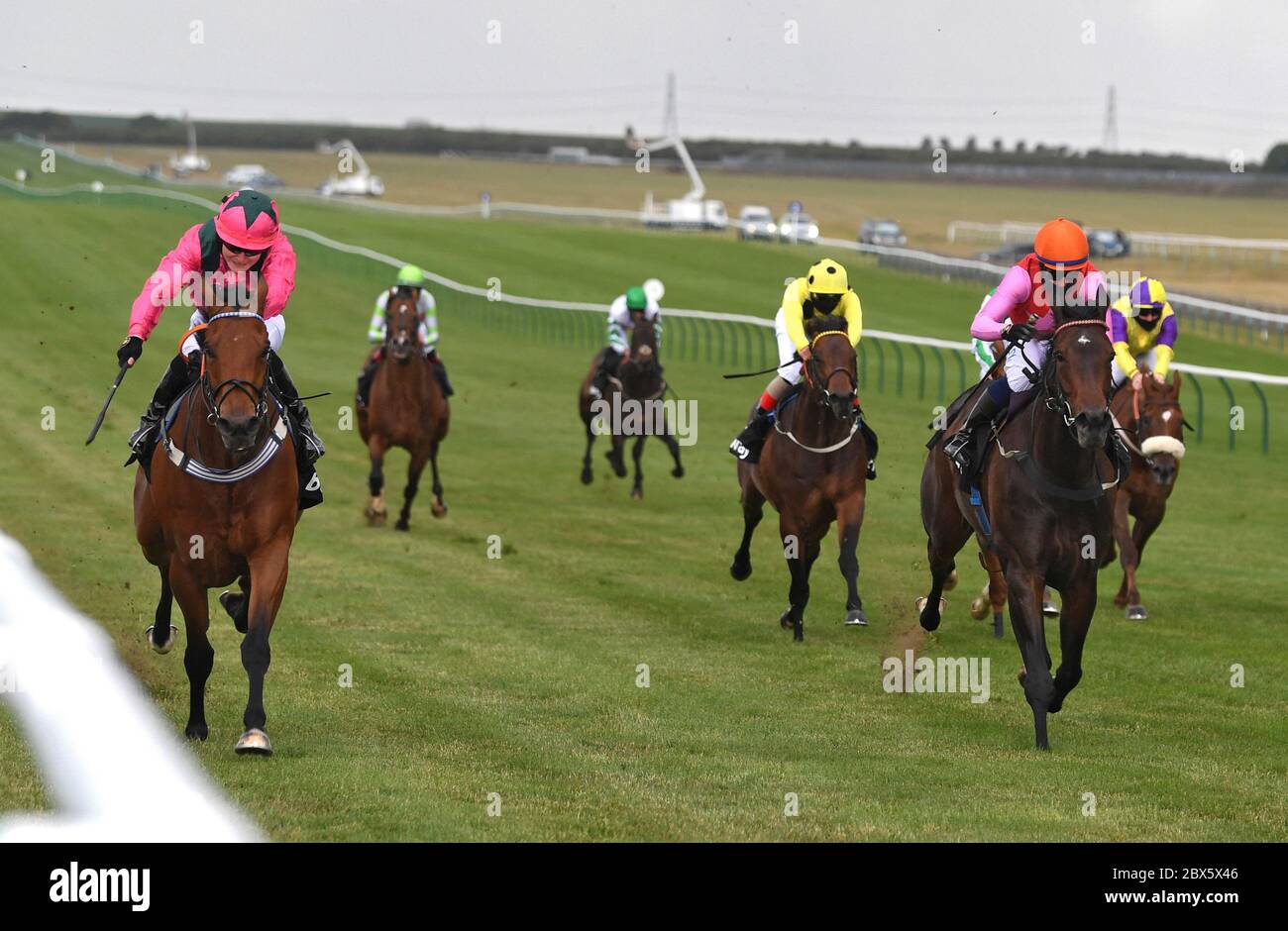Oxted ridden by Cieren Fallon (left) wins the Betway Abernant Stakes at Newmarket Racecourse. Stock Photo