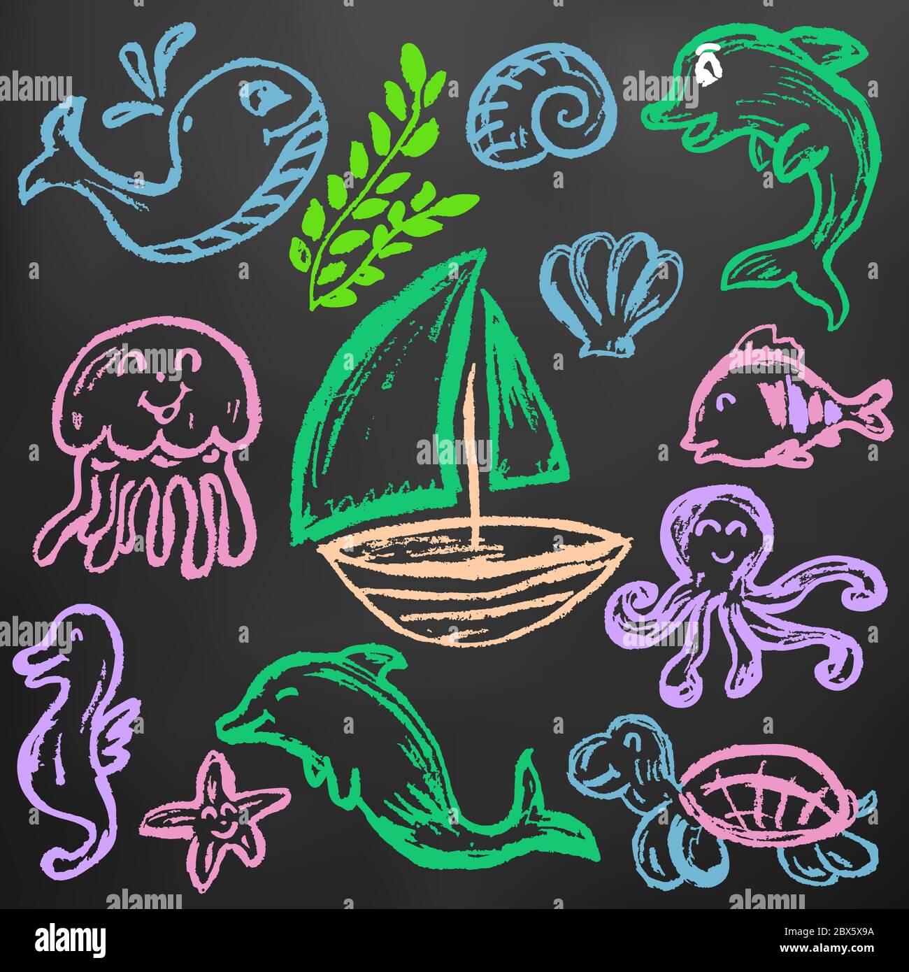 Cute children's drawing. Colored wax crayons on black background. Icons, signs, symbols, pins. Marine elements. ship jellyfish Stock Vector