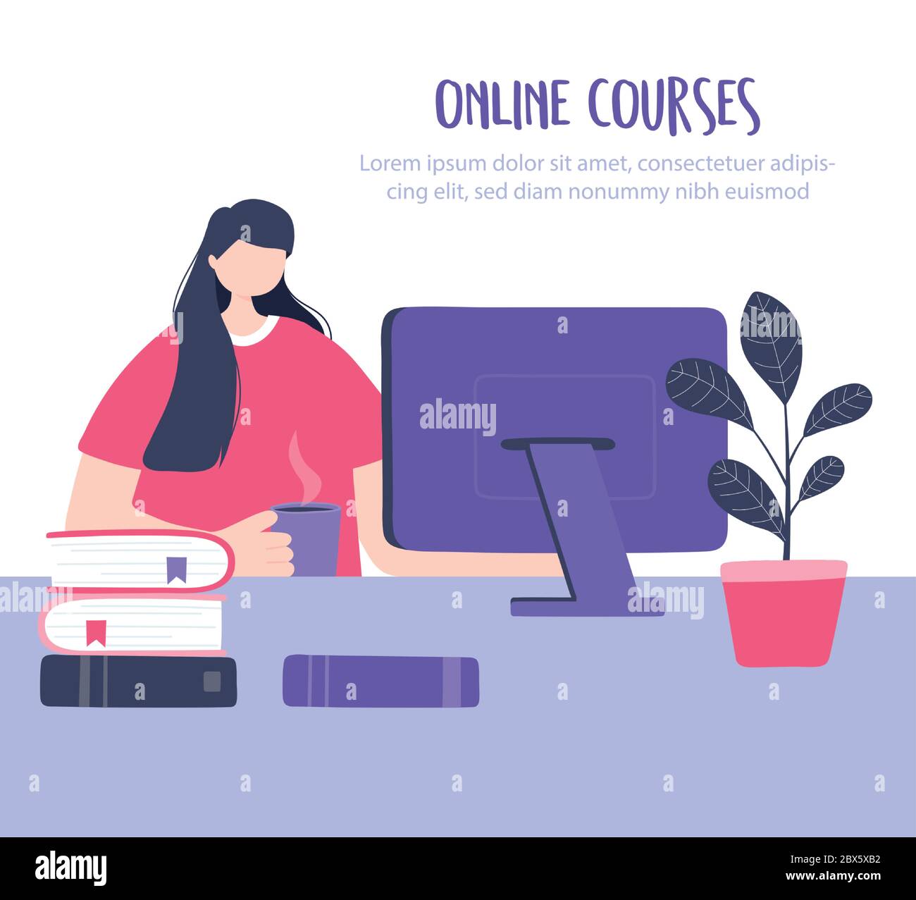 online training, woman with coffee cup and computer studying, courses ...