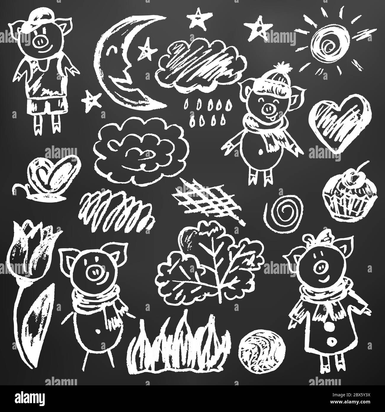 Cute children\'s drawing. White chalk on a black board. Icons ...