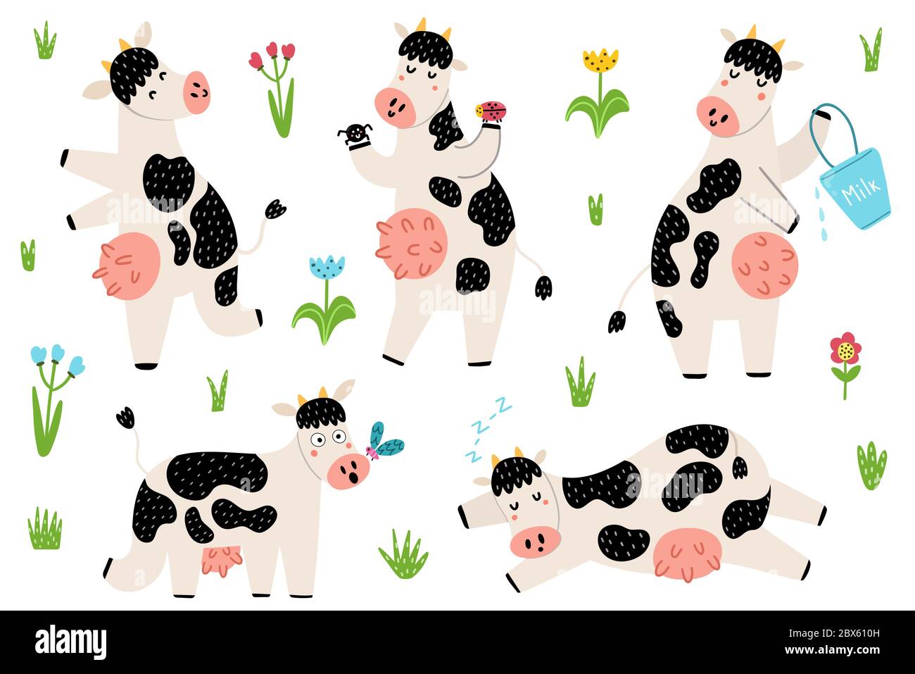 Set with funny spotted cows standing, sleeping, running Stock Vector