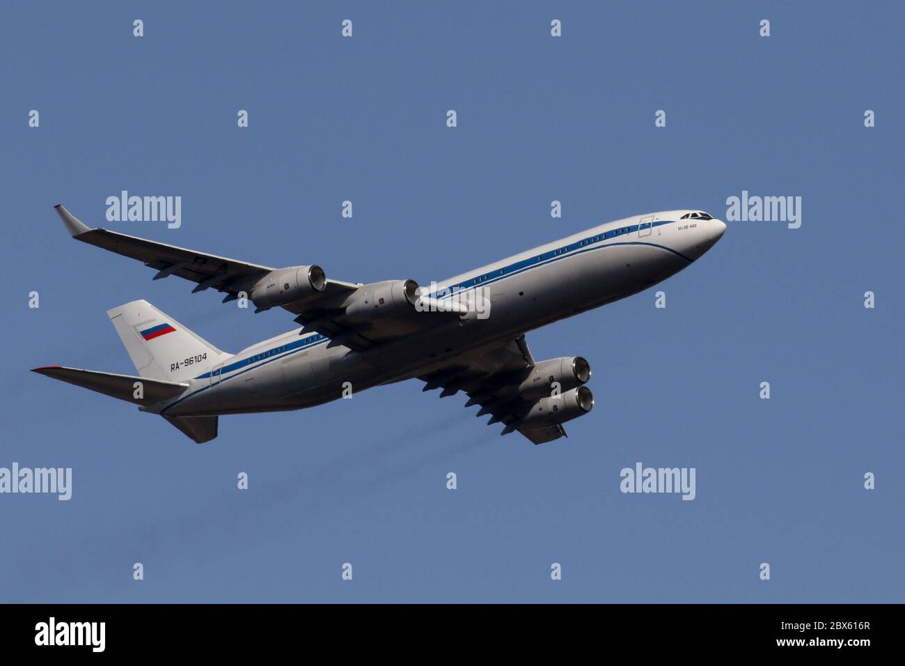 Russian Government Ilyushin Il-96-400 widebody jeliner powered by four PS-90A engines in the air Stock Photo