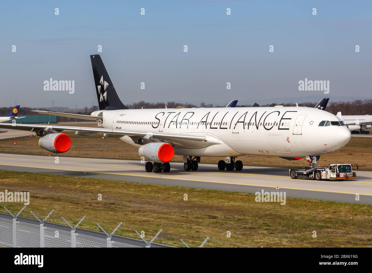 Frankfurt, Germany April 7, 2020: Lufthansa Airbus A340-300 airplane Frankfurt airplane at Frankfurt airport FRA in Germany. Airbus is a European airc Stock Photo