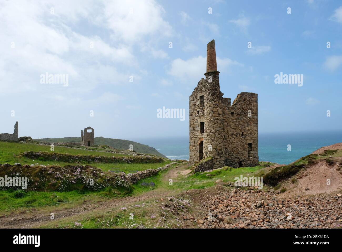 Tin mines on the coast at Botallack, a world heritage site, Cornwall, UK - John Gollop Stock Photo