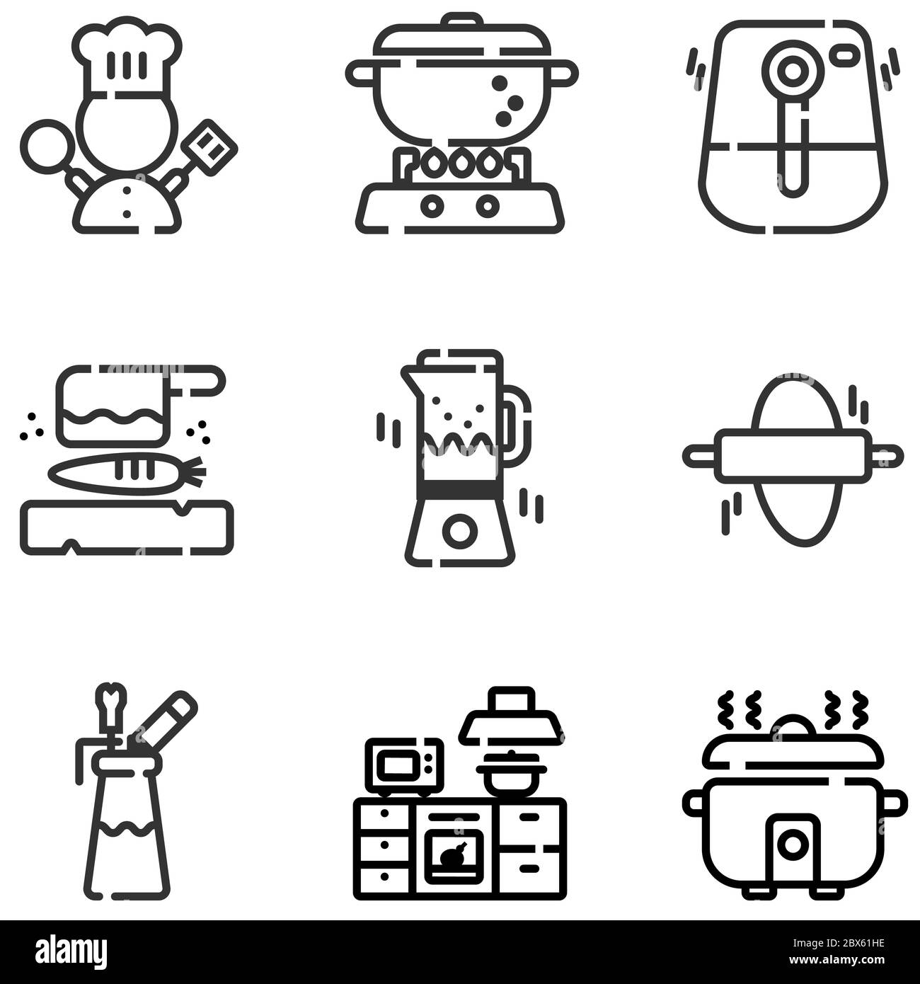 Icon set of electric kitchen equipments and chef symbol, spinner, air ...