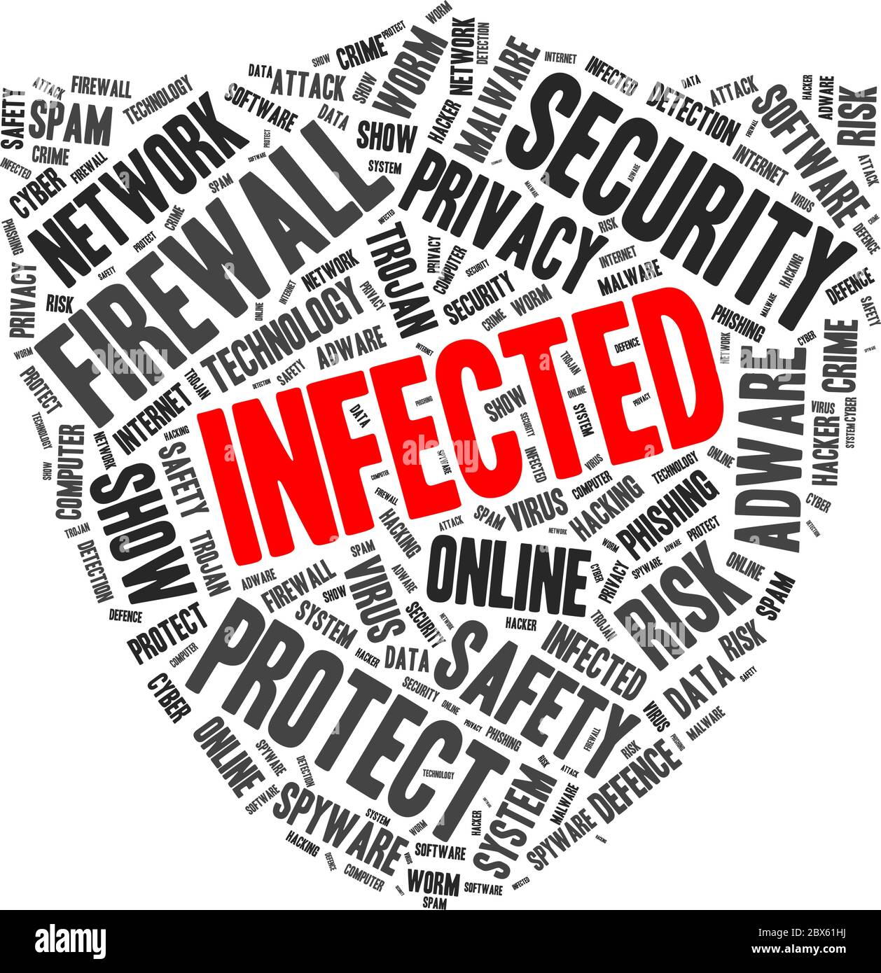 Infected word cloud with another PC protection tags, vector