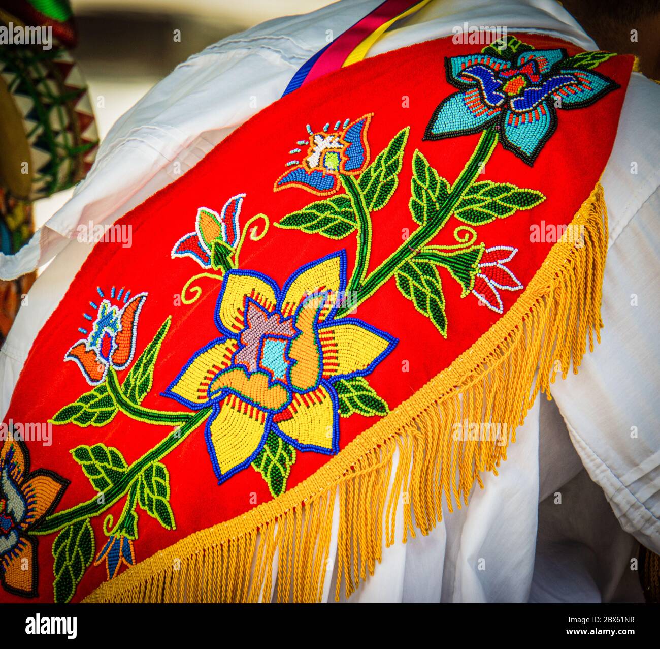 fine bead work on the costumes of the Flying Men from Papantla,Veracruz, Stock Photo