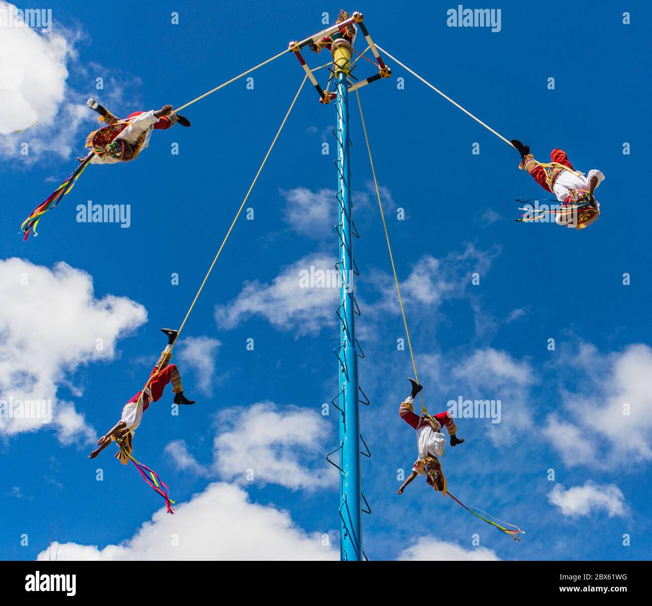 Tulum, Quintana Roo, Mexico- February 23,2020: The Flying Men from Papantla,Veracruz, Mexico performing in Tulum Stock Photo