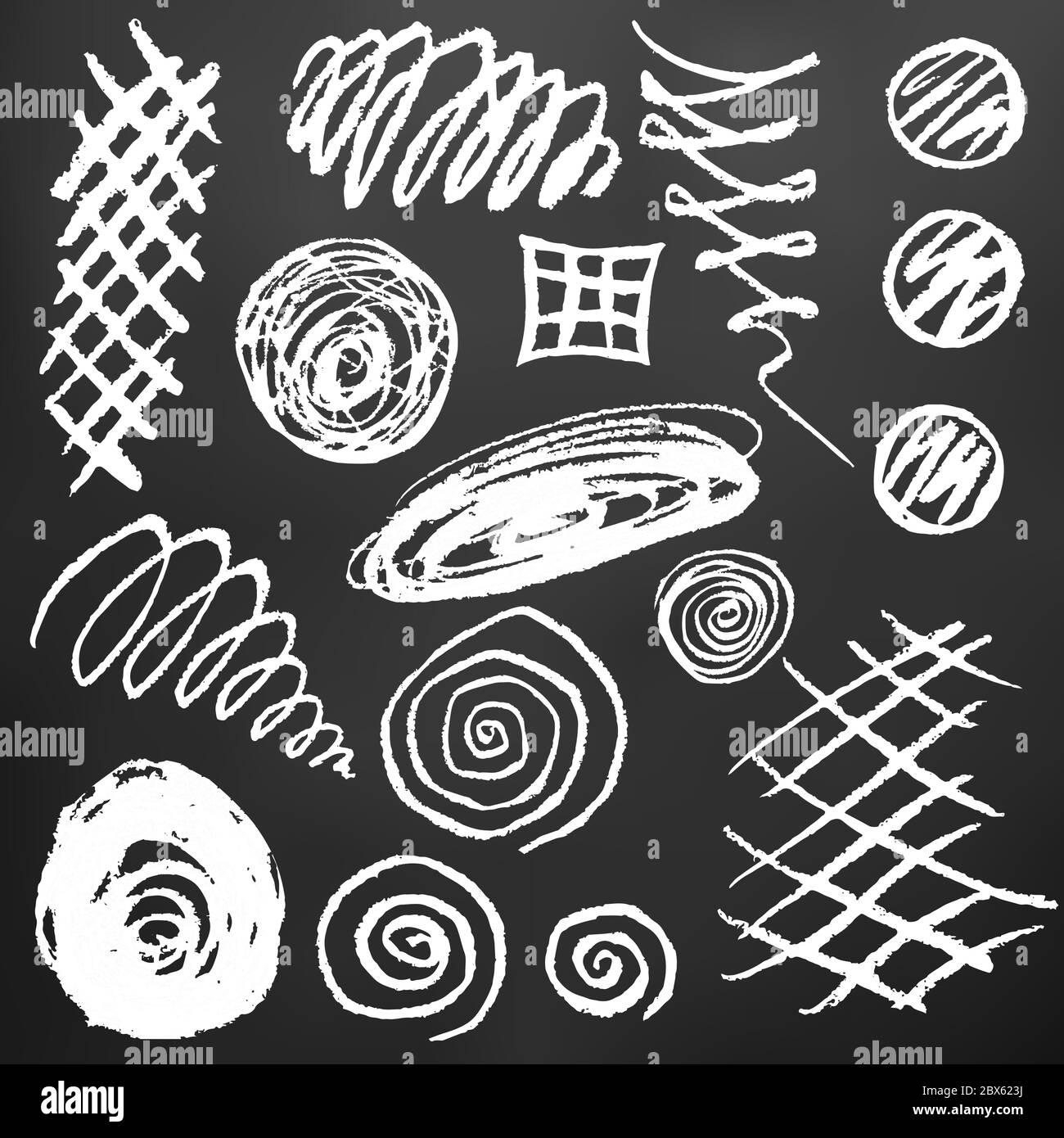 Cute children's drawing. White chalk on a black board. Icons, signs