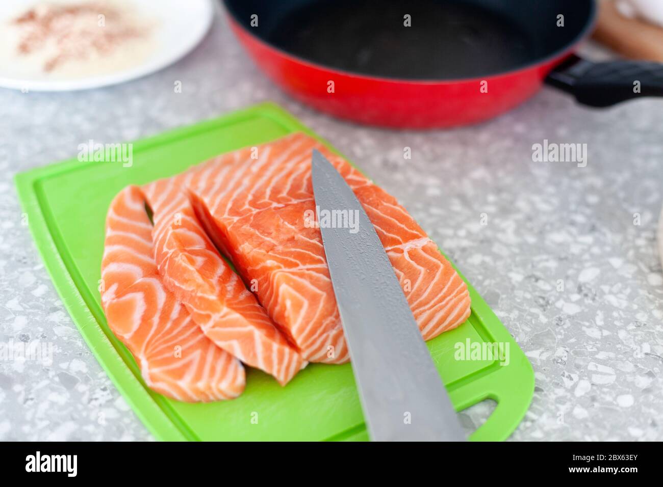 Fresh raw salmon fish fillet. Close up. Stock Photo