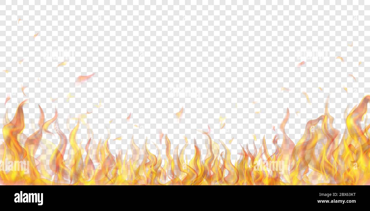 Translucent fire flames and sparks on transparent background. For