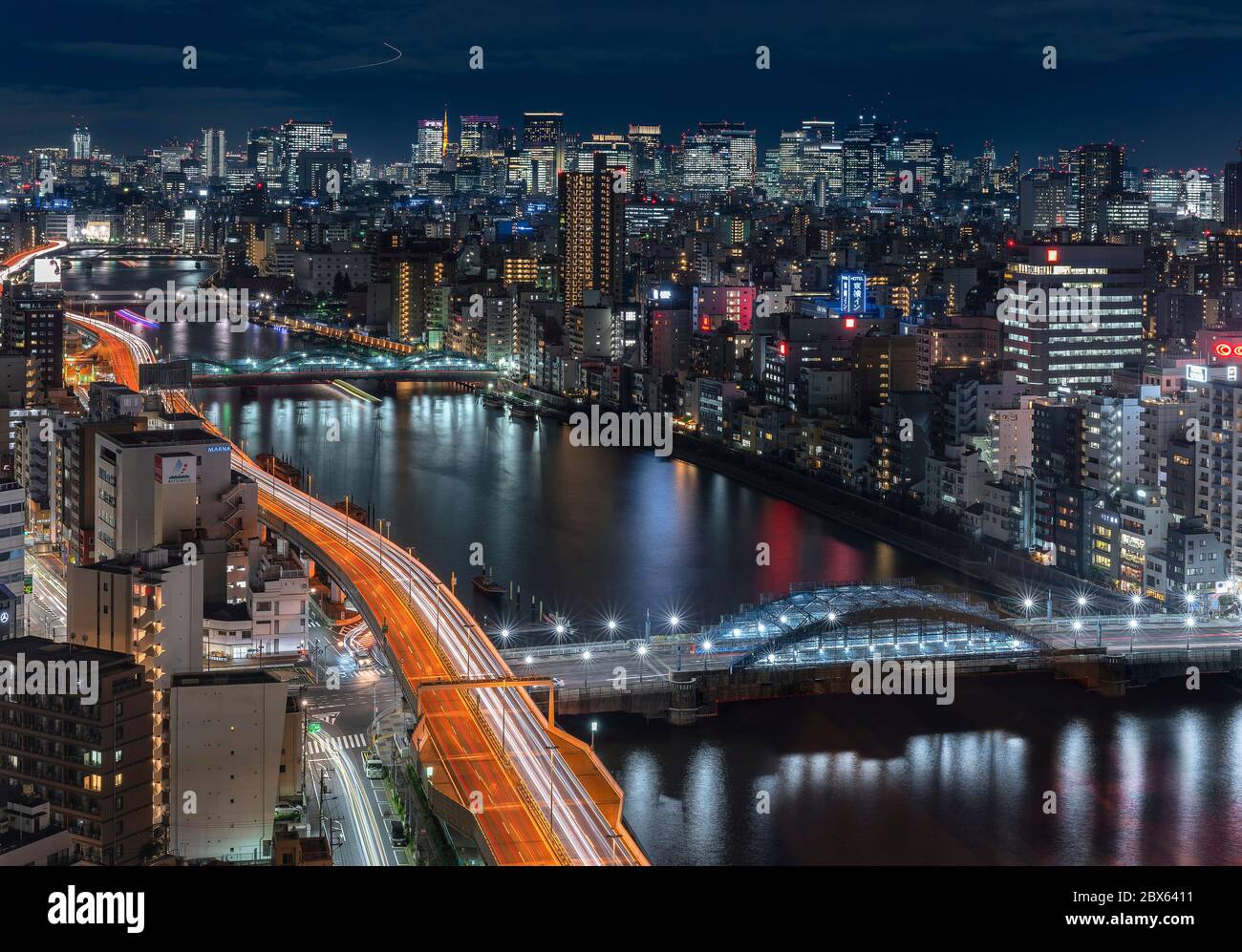 Aerial Night Panoramic View Of The Sumida River Bridges And Higways Light Up With The Skyscrapers Of Tokyo Stock Photo Alamy