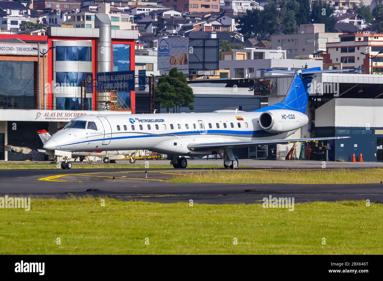 Quito, Ecuador June 16, 2011: PetroEcuador Embraer 145 airplane at Quito airport UIO in Ecuador. Stock Photo