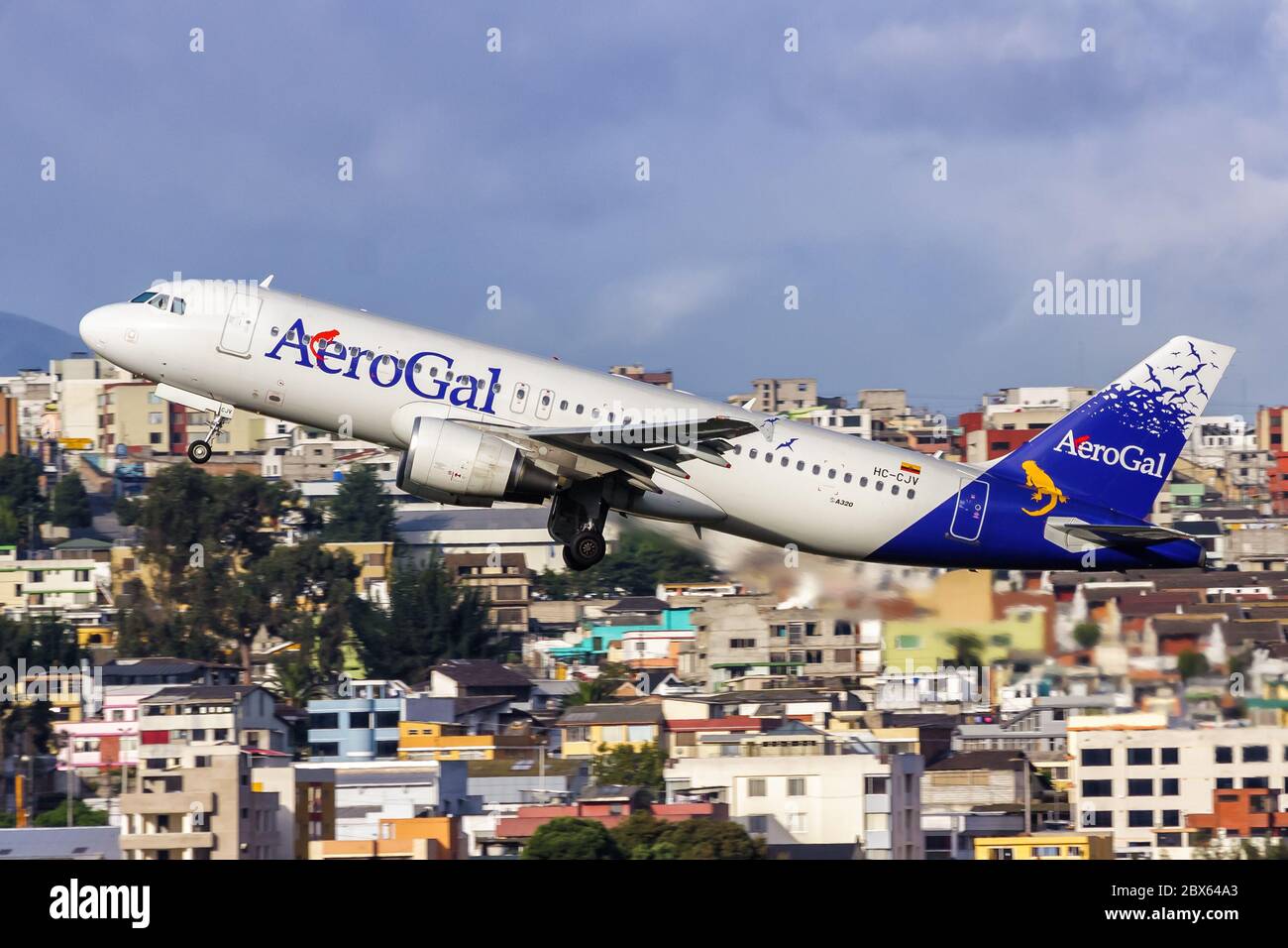 Quito, Ecuador June 17, 2011: AeroGal Airbus A320 airplane at Quito airport UIO in Ecuador. Airbus is a European aircraft manufacturer based in Toulou Stock Photo