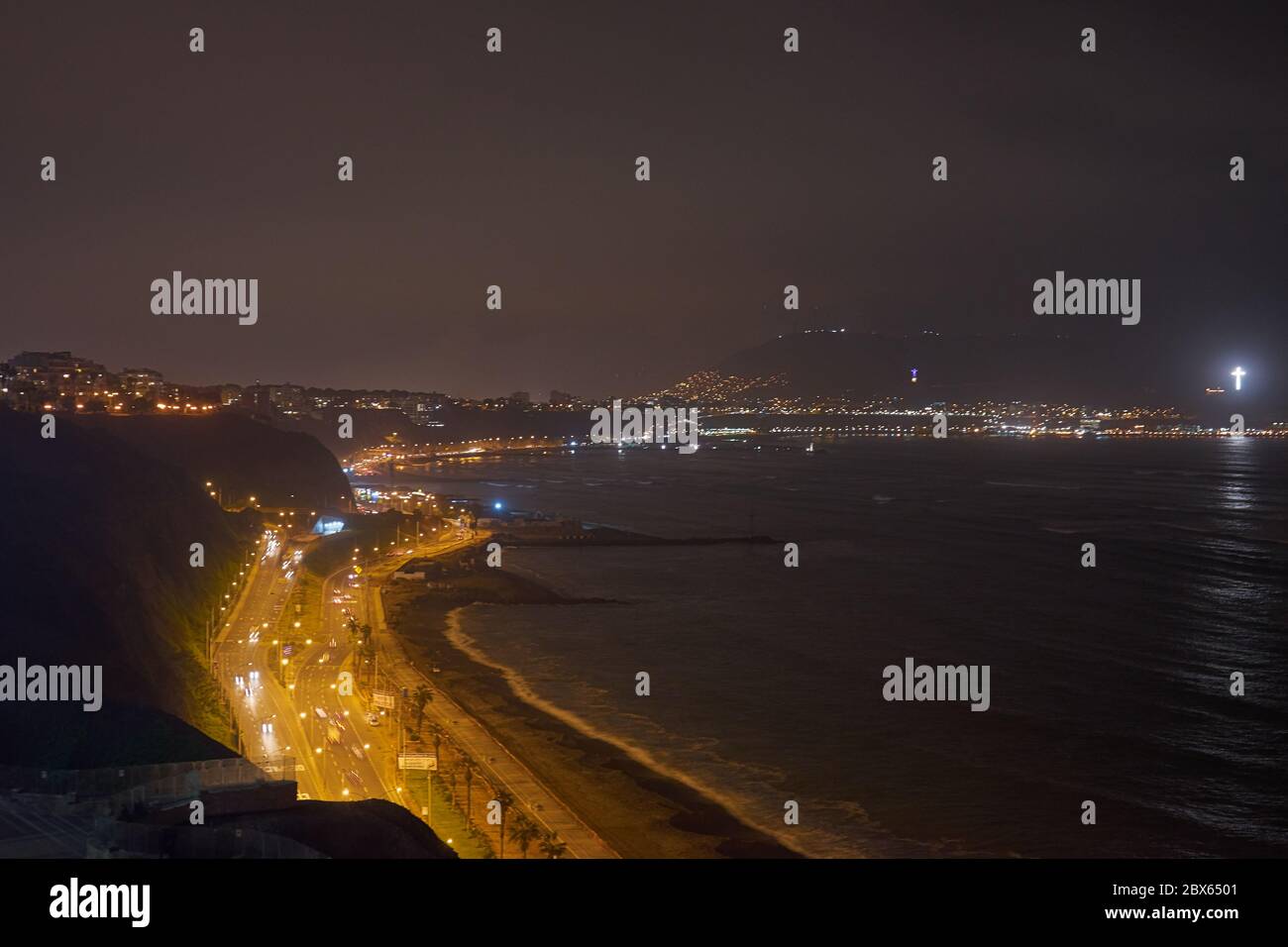 Night View of Miraflores, Coastal road of Lima Stock Photo