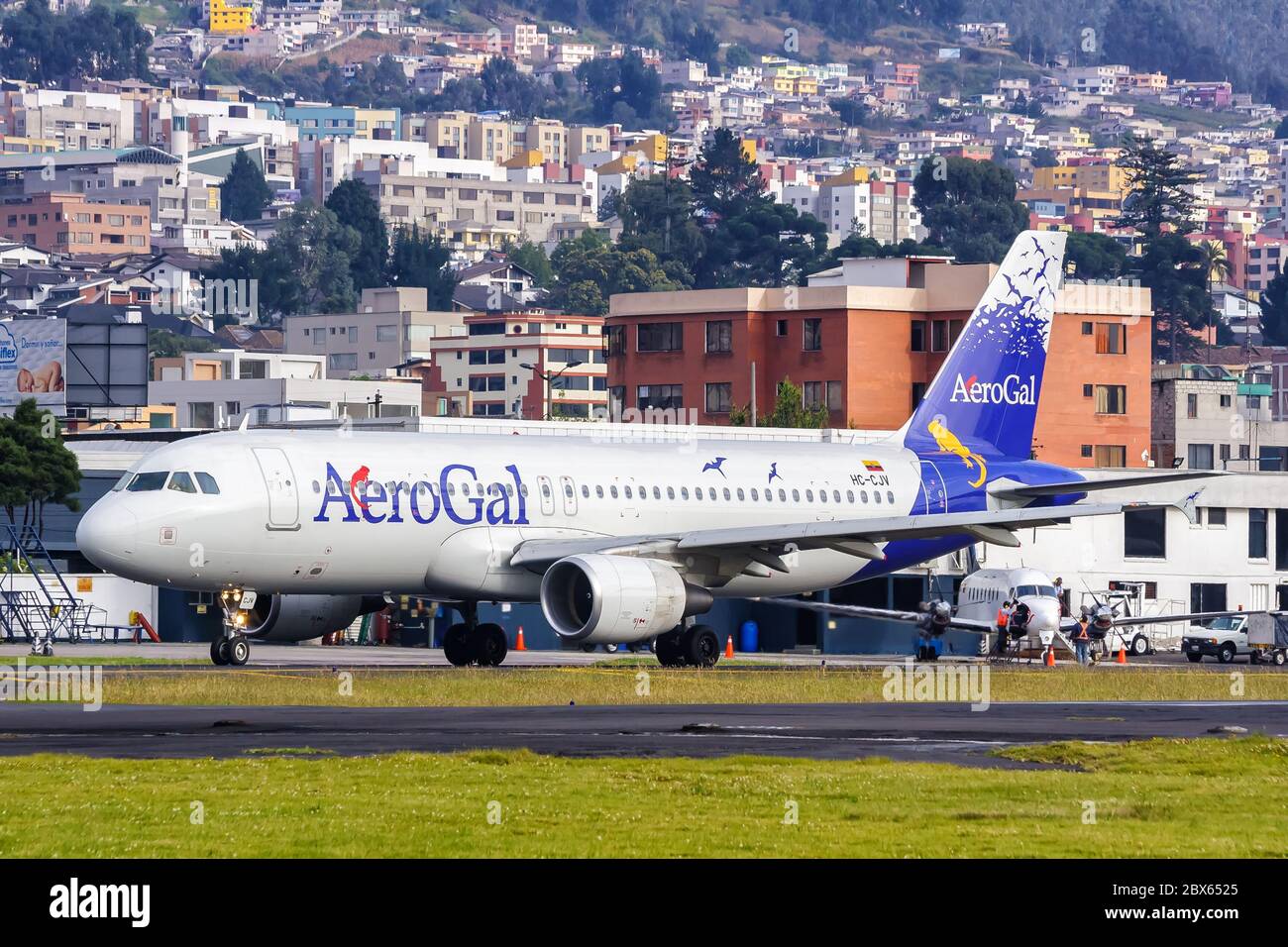 Quito, Ecuador June 16, 2011: AeroGal Airbus A320 airplane at Quito airport UIO in Ecuador. Airbus is a European aircraft manufacturer based in Toulou Stock Photo