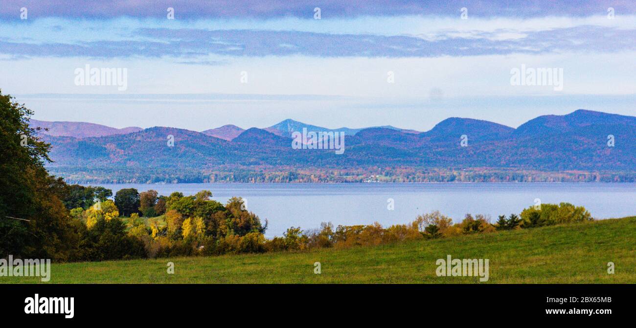 view of Lake Champlain and the Adirondack Mountains in New York from
