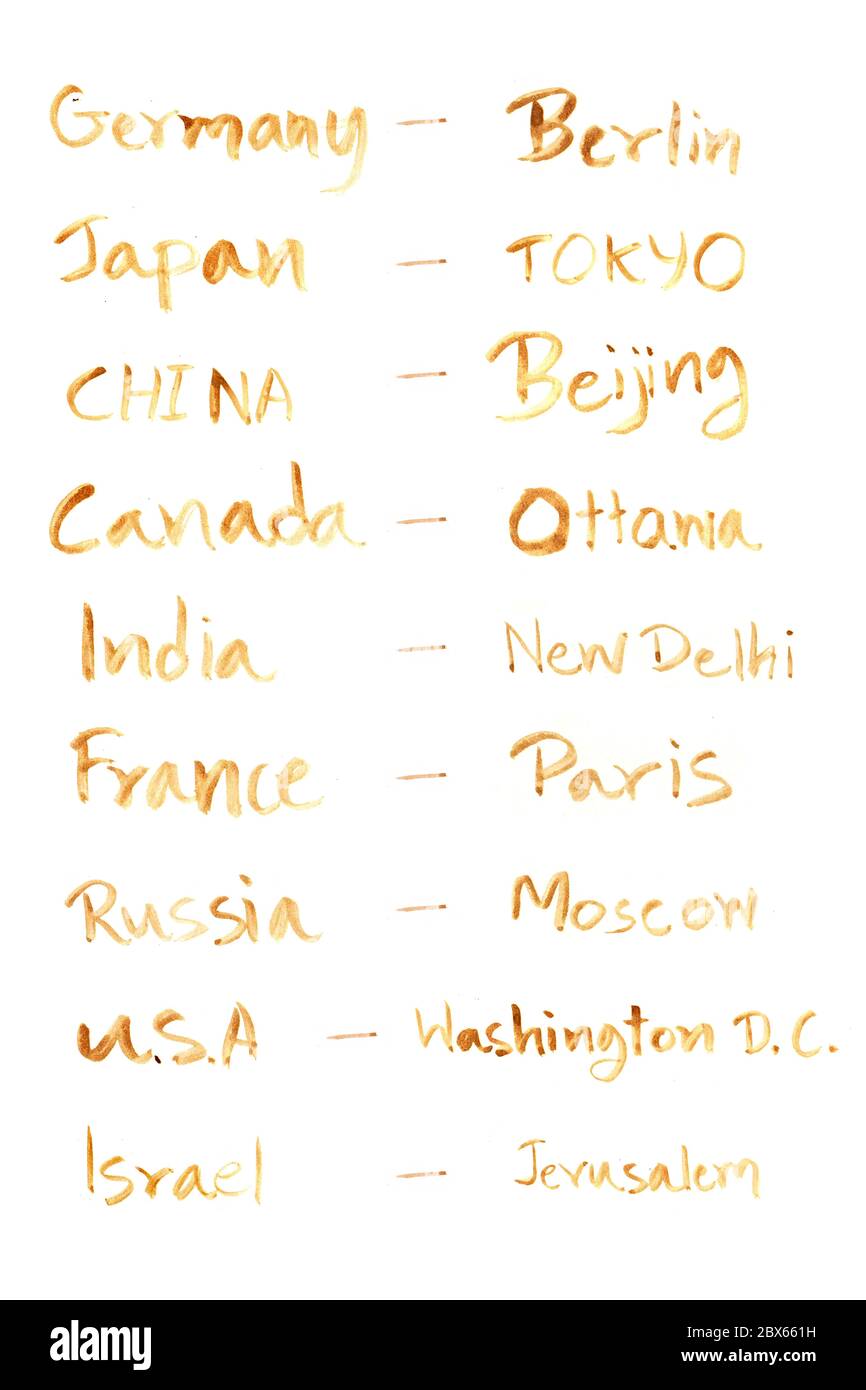 Countries and capitals of Germany, USA, Japan, Canada, China, Russia and Israel. Hand drawn brush lettering by coffee stains. Stock Photo