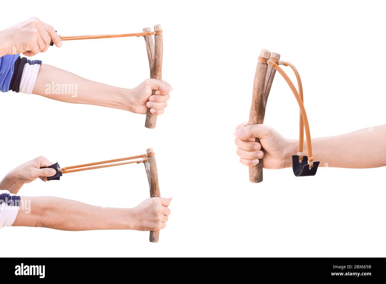 Set of hand holding aiming Slingshot, Isolated on white background with clipping path. Stock Photo